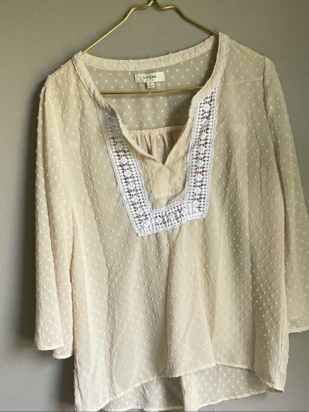 Umgee Cream Swiss-Dot Blouse with Crochet V-Panel